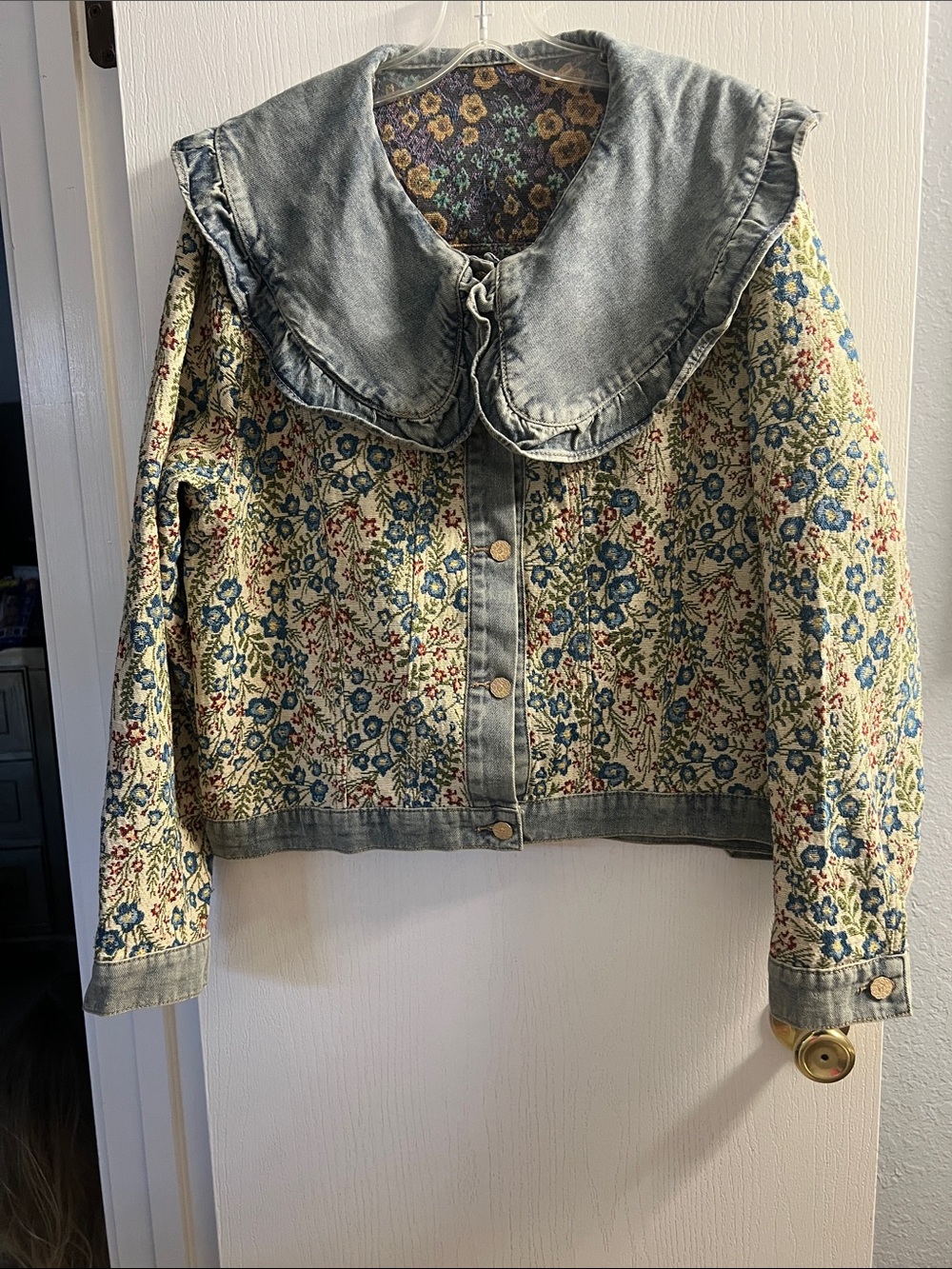Quilted Floral Jean Jacket with Denim Sailor Collar - Cream & Blue